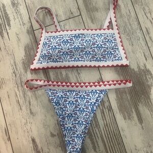 Floral Print Tape Detail Bikini – Blue & White with Red Trim | Women's Small